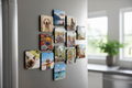 Several custom 2x2 glossy photo magnets on a refrigerator showing pets, travel, and family photos