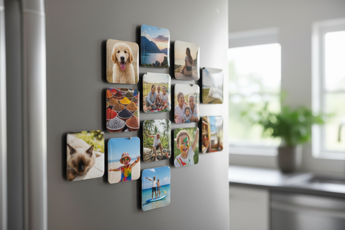 Several custom 2x2 glossy photo magnets on a refrigerator showing pets, travel, and family photos